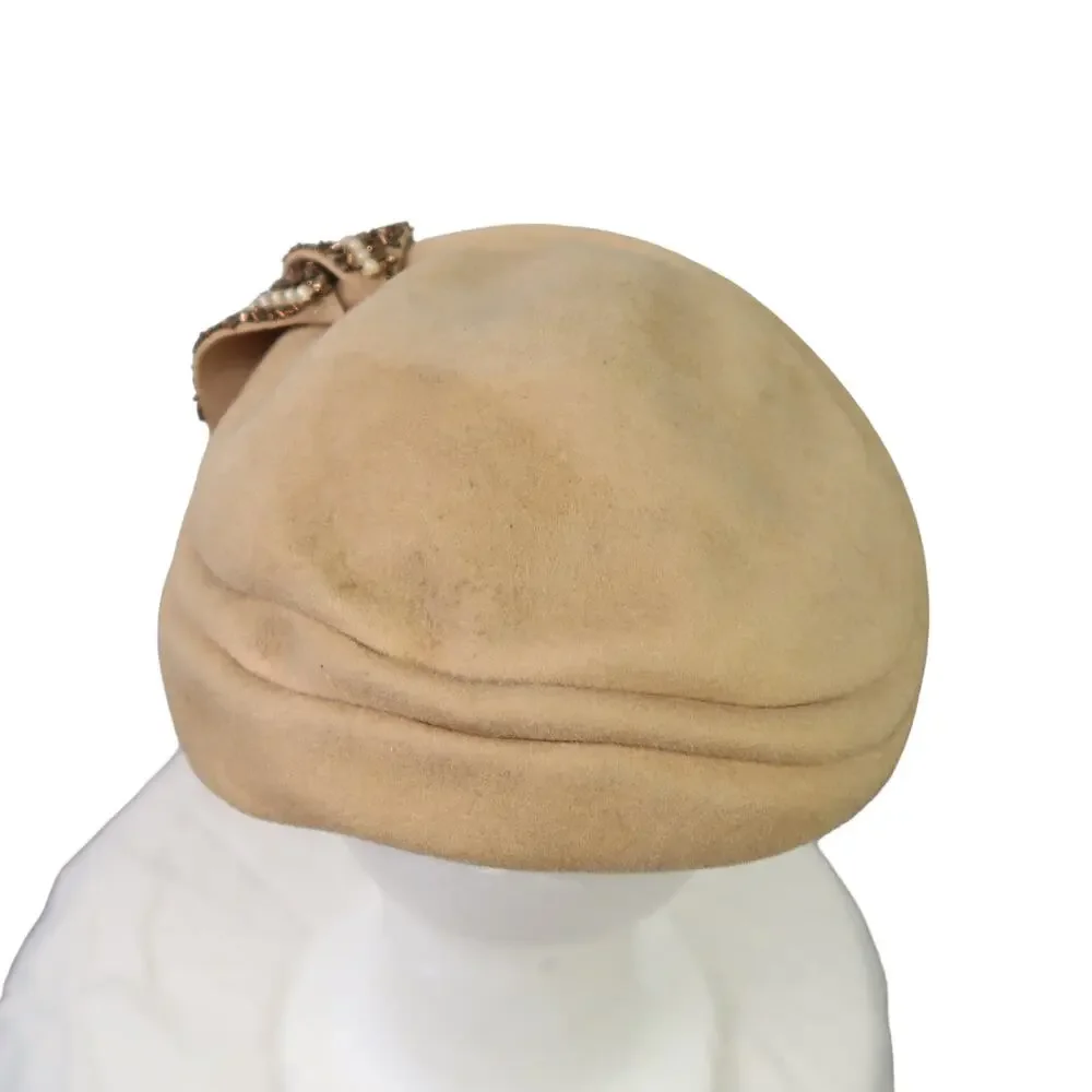 Vintage 50's tan felt wool bead embellished fascinator beret hat - Picture 3 of 8